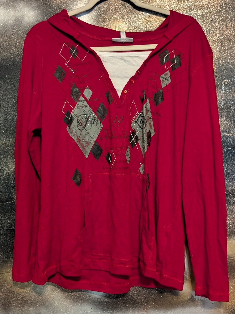 Fashion Bug Red V-Neck Pullover Long Sleeve Shirt with Argyle Detail